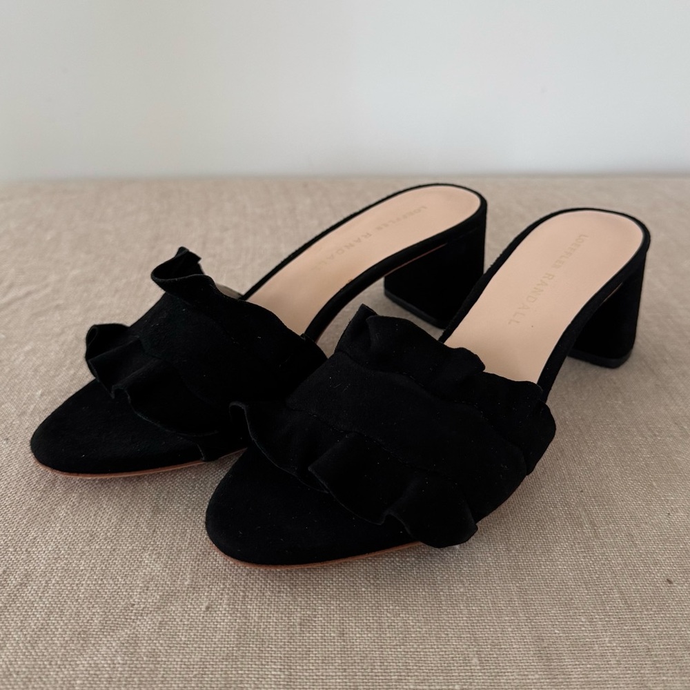 NIB Loeffler Randall Vera black suede ruffle heel sz 6